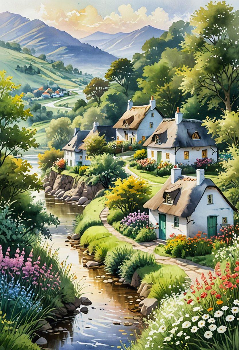 A serene landscape depicting a peaceful village named Dunble, surrounded by lush green hills and blooming flowers, with joyful villagers engaging in harmonious activities such as gardening and storytelling. A radiant sun rises in the background, casting a warm, golden glow over the scene, symbolizing blissful living. Include elements like a small river and charming cottages to enhance the tranquil atmosphere. watercolor painting. soft pastel colors.