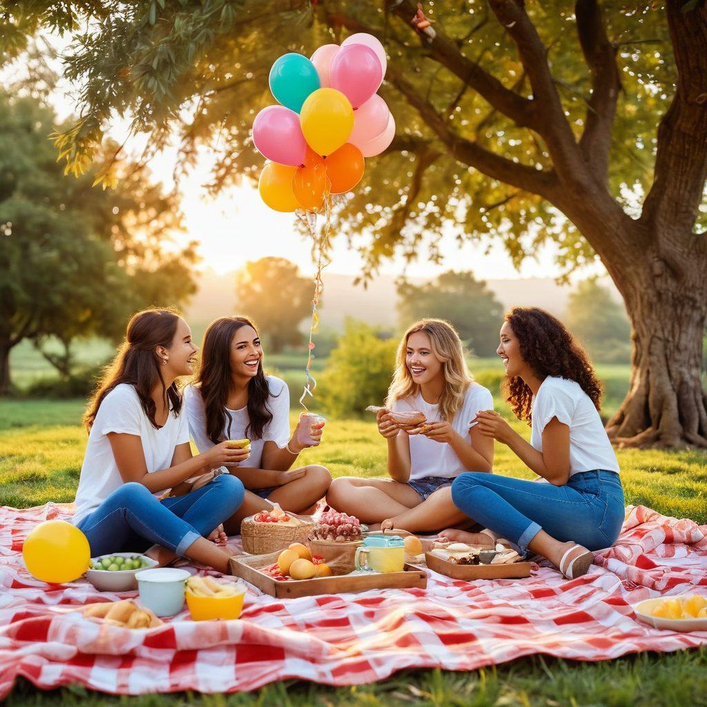 A whimsical scene depicting a group of friends joyfully enjoying a colorful outdoor picnic, surrounded by playful decorations and delightful food items that evoke happiness. Bright balloons floating in the air, a banner reading 'Cheerful Moments', and a picturesque sunset in the background emphasize the delightful atmosphere. super-realistic. vibrant colors. soft-focus.
