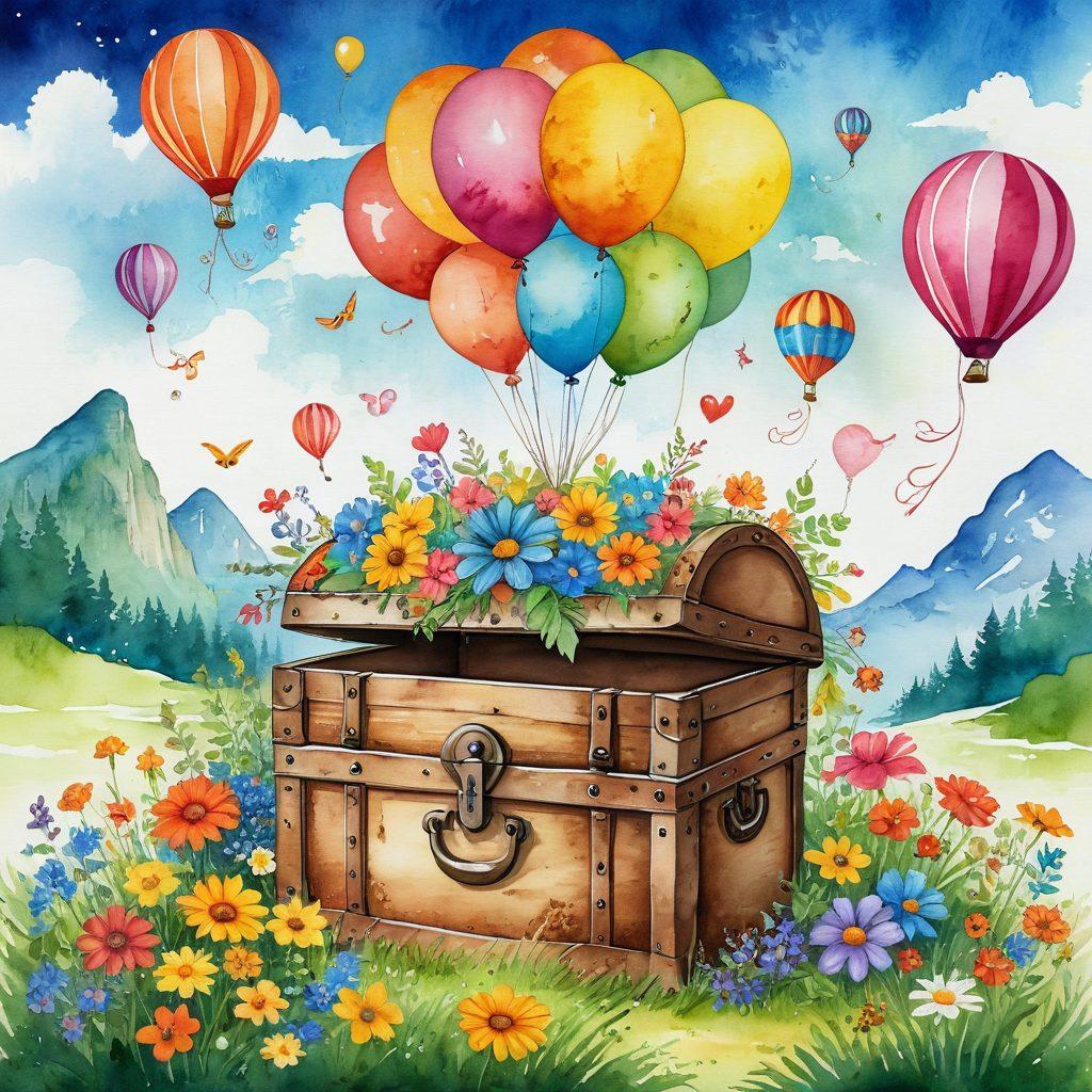 A whimsical illustration of a key labeled 'Dunble' unlocking a bright, colorful treasure chest overflowing with cheerful symbols like smiles, balloons, and sunshines. The background features a vibrant landscape filled with lush greenery and flowers, representing joy and happiness. The overall mood is playful and uplifting, inviting the viewer to explore the concept of joy. watercolor style. vibrant colors. cheerful atmosphere.